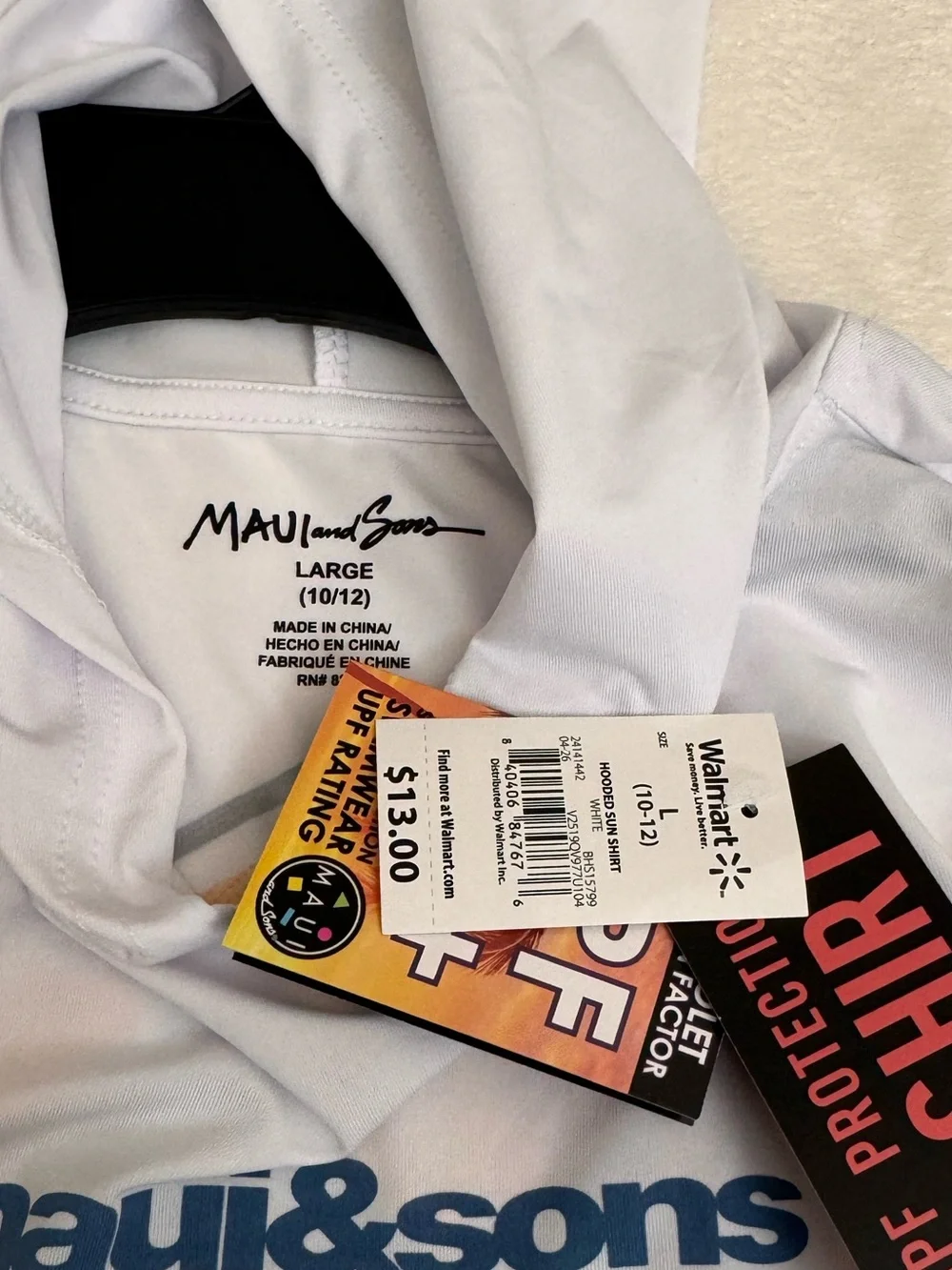 Maui and Sons The Beach Hooded Long Sleeve Sun Shirt  With 50+ UPF, Large